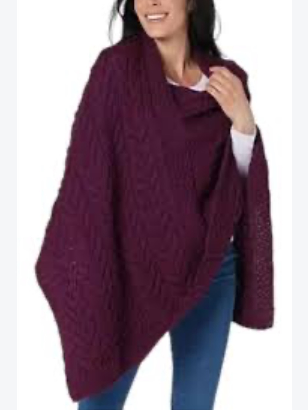 054.New $300 Kilronan Merino Wool V-Neck Poncho Very Berry Cable Knit